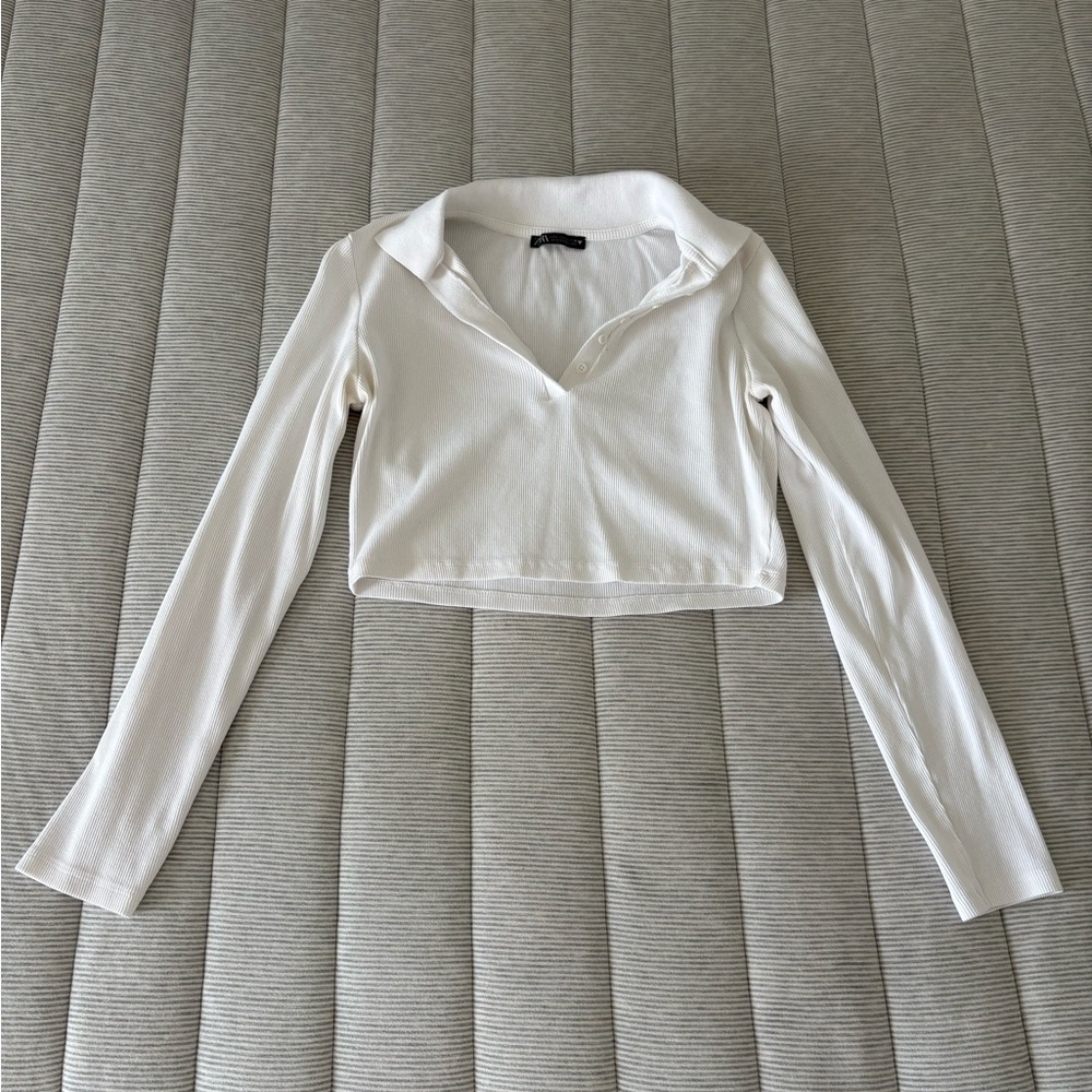 Zara White Long Sleeve Crop Top